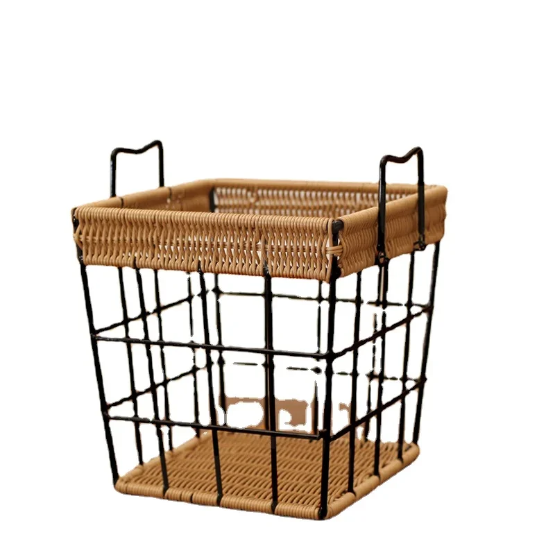 Vintage Black Storage Basket Imitation Vine Weaving Bread Basket 2 Sided Handle Organizer Box Versatile Practical Kitchen Items