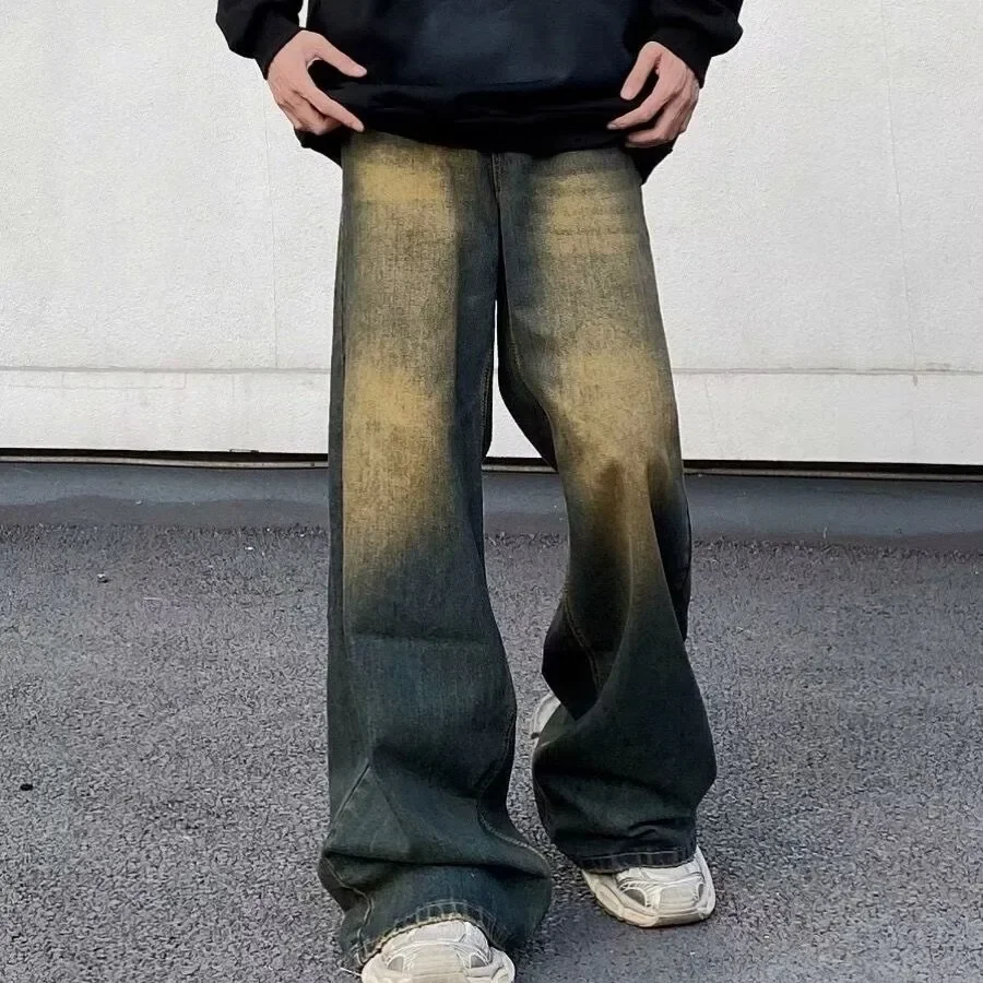 Calça jeans masculina y2k, vintage, folgada, grunge, estética, skater, streetwear, ajuste relaxado, calças jeans