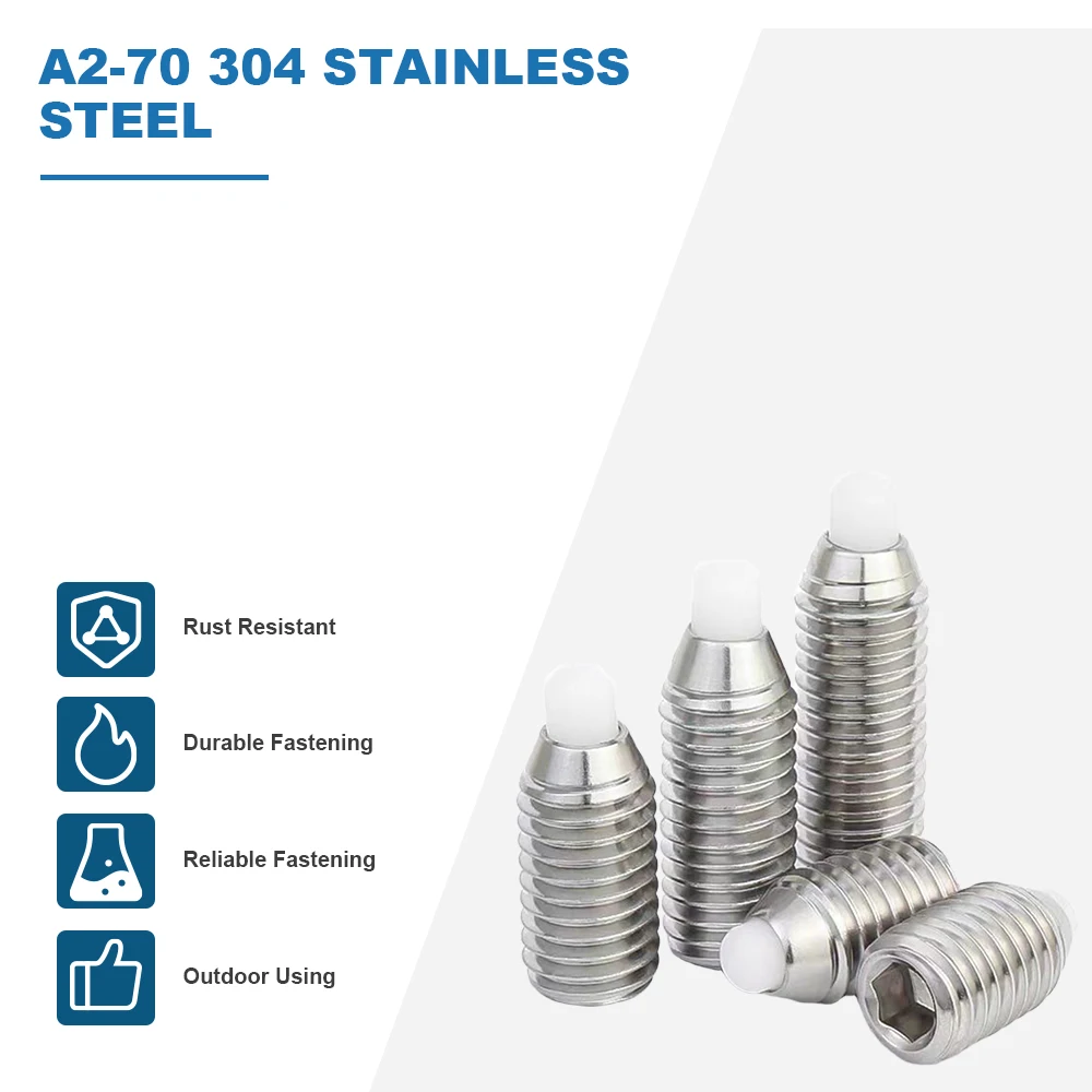 HOWSHENG 2-10pcs Hex Socket Spring Plunger Set Screws 304 Stainless Steel Allen Nylon Ball Pin Head Screw M3 M4 M5 M6 M8 M10 M12