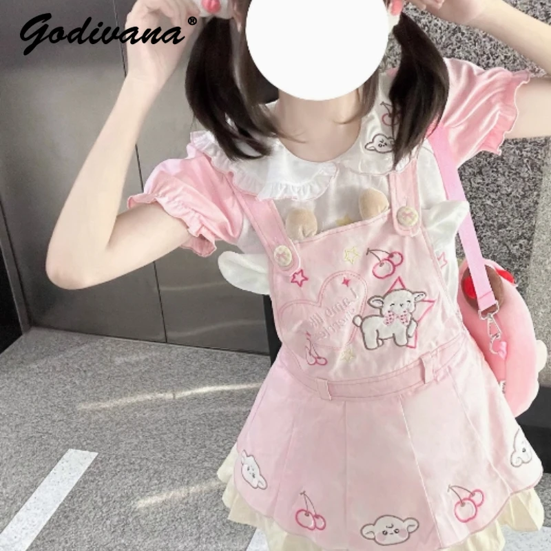 Original nouvel été fille filles Kawaii poupée col rose à manches courtes T-shirt doux sangle jupe femmes robe à bretelles ensemble