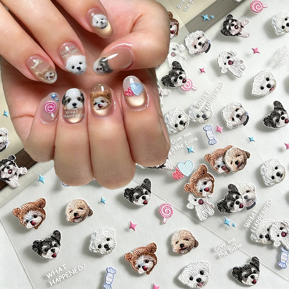 5D Kawaii Puppy Schnauzer Bichon Frise Nail Sticker Lollipop Heart Little Dog Self-adhesive Nail Decals Pet Lovers Manicure Deco