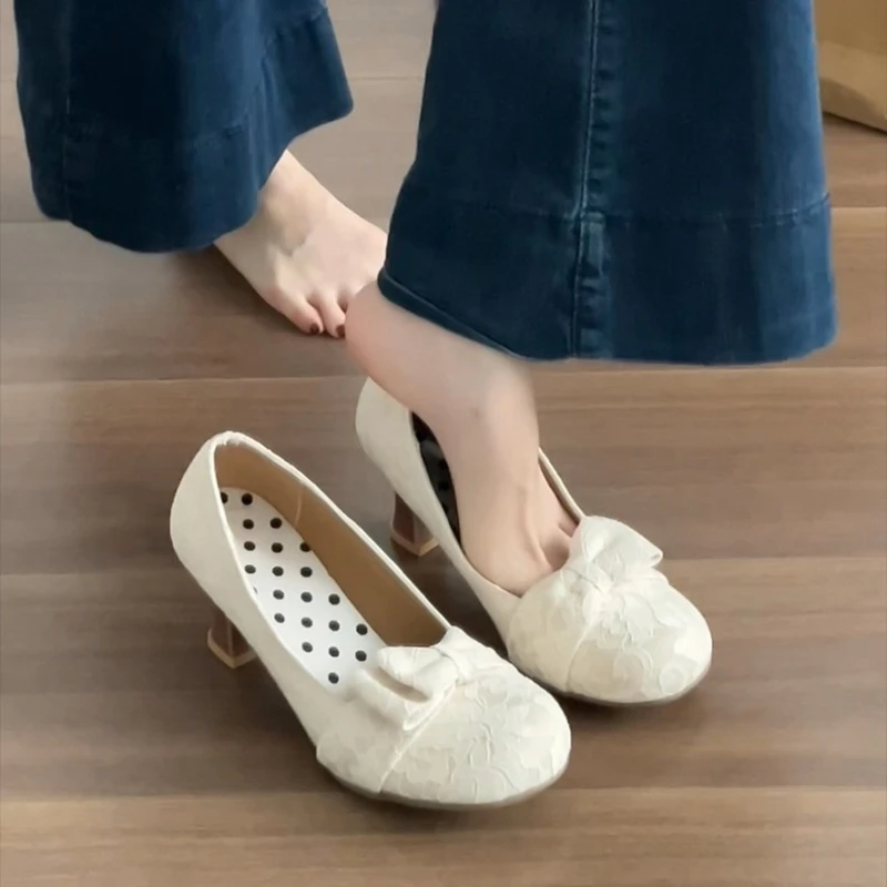 

Женские туфли Мэри Джейн с кружевом и бантом-бабочкой, модные туфли-балетки без застежек, весенне-осенние лаконичные туфли-лодочки Zapatos De Mujer
