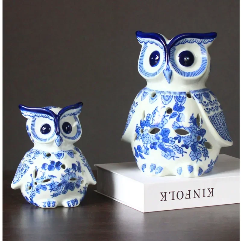 Jingdezhen Blue And White Porcelain Home Decor Owl Craft Ornaments Office Desktop Miniature Items Housewarming Gift Room Decor