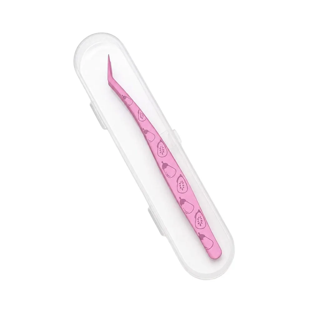 Stainless Steel Curved Stickers Tweezers Anti-static With Leather Case False Eyelash Tweezers Cartoon Fruits High Precision