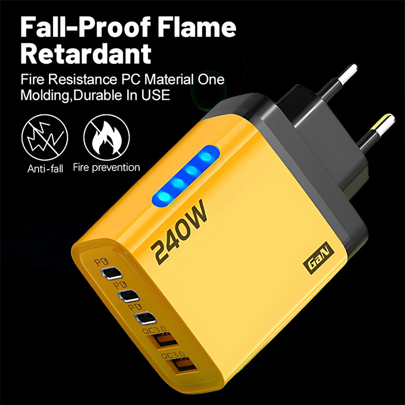 شاحن سريع 240 وات GaN مع ضوء LED 2USB + 3Type-C رأس شحن هاتف متعدد المنافذ لهاتف iPhone وسامسونج وهواوي وشاومي/الكمبيوتر المحمول/الأجهزة اللوحية