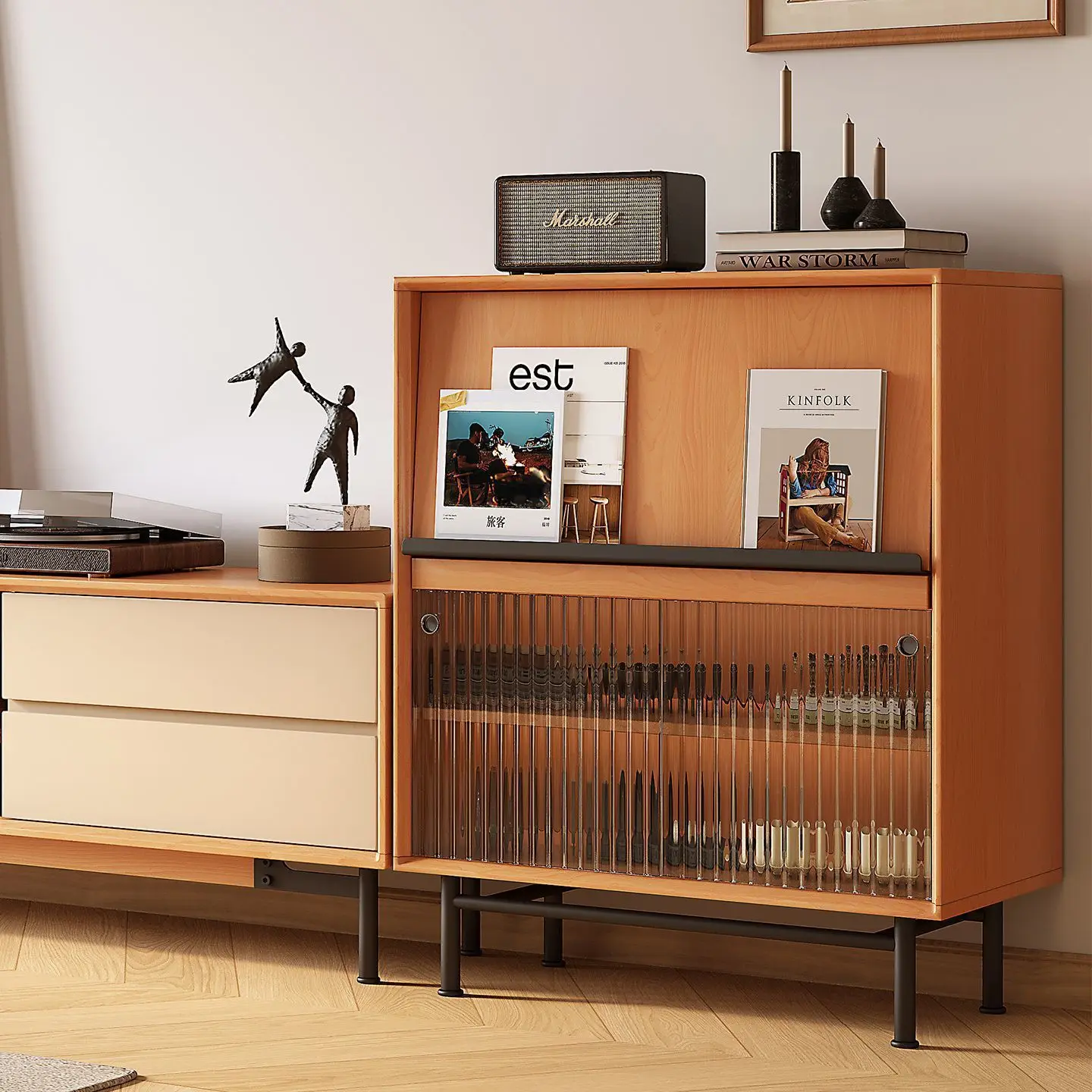 Poplar side cabinet storage retro color matching storage integrated wall dining side cabinet living room display cabinet teak