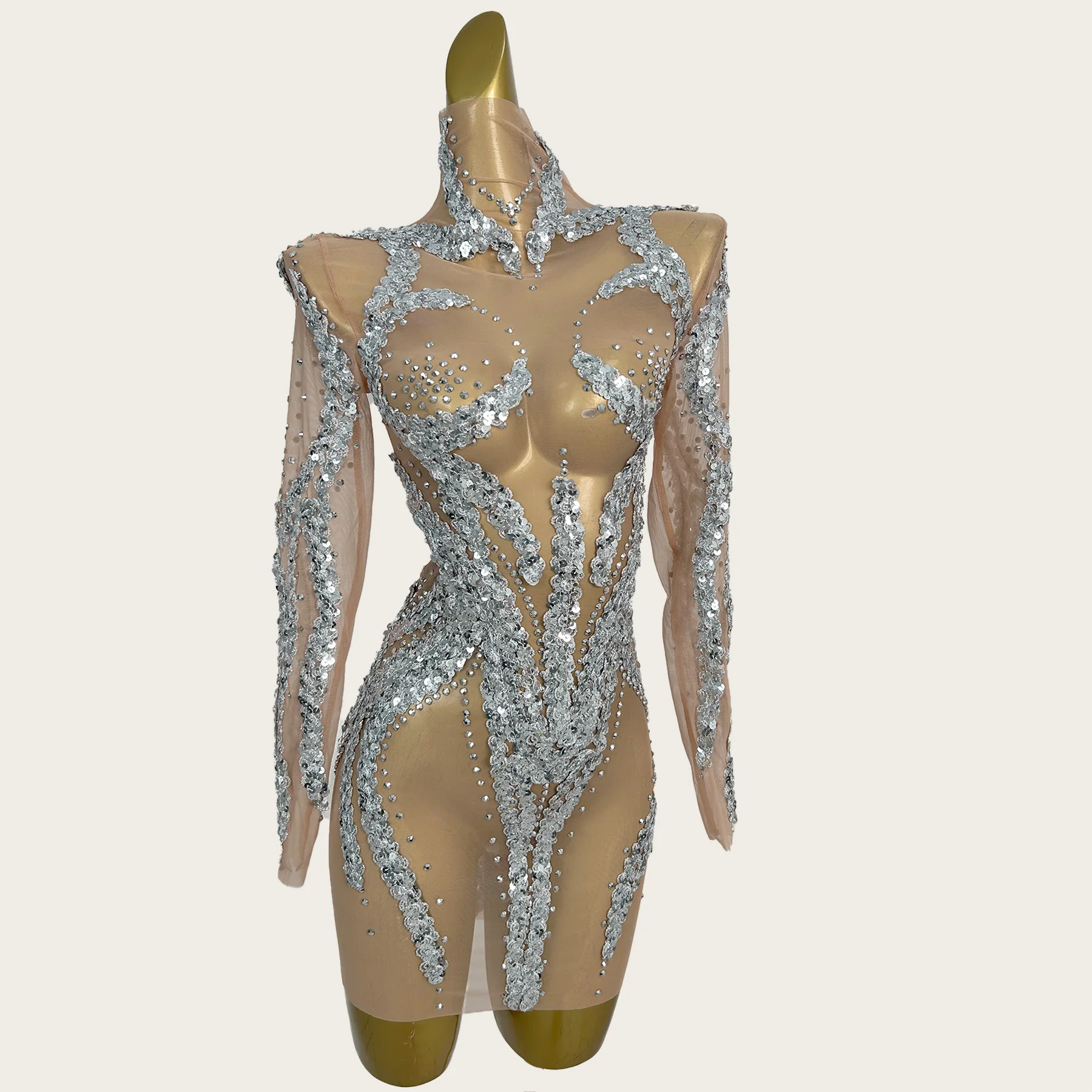 

Sparkly Sequins Silver Mini Dress Women See Through Mesh Sexy Dress Party gig Dress Club Dance Show Rhinestone Outfit Yuanhuan
