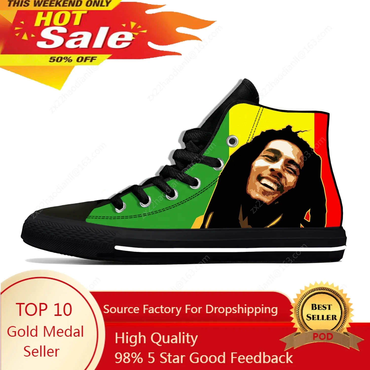 Bob Marley Reggae Star Rasta Rock Music Fashion Casual Cloth Shoes High Top Lightweight Breathable 3D Print Men Women Sneakers