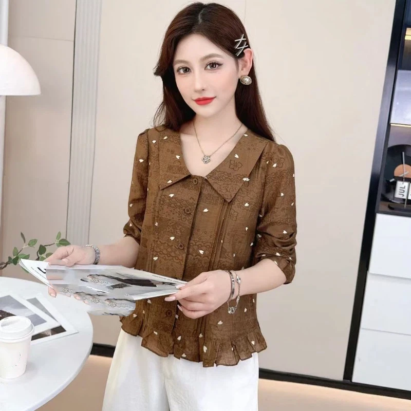 2025 otoño nuevo amor impreso camisa de manga larga con volantes fino estilo occidental versátil Top para mujeres