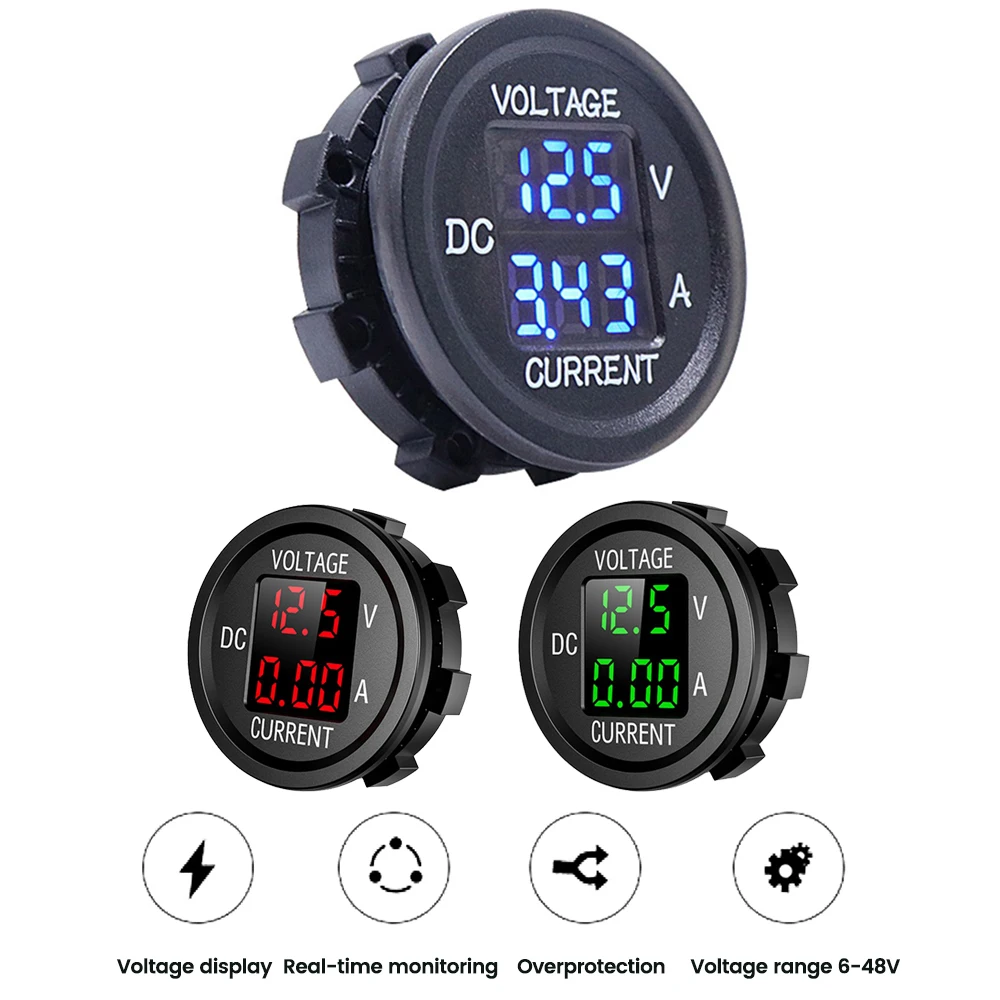 5V-48V Car Mini Waterproof Dual Voltage Meter 3-Digit Round LED Panel Digital Voltmeter Ammeter Tester Monitor Display Voltmeter