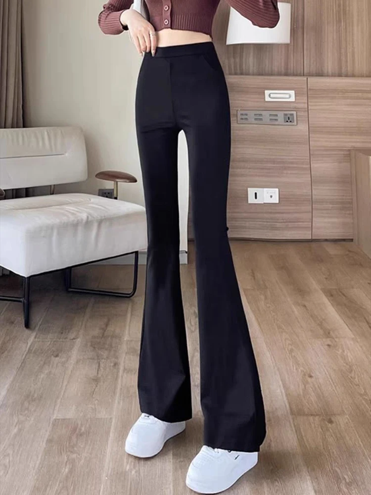 Slim fit micro flared pants women in autumn and winter new elastic high waist stylish and solid color horseshoe pants