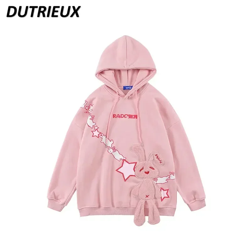 

Japanese Design Sense Niche Sweet Fleece Hooded Sweatshirt Female Tide Brand Loose College Style Couple Cartoon Jumper Jacket