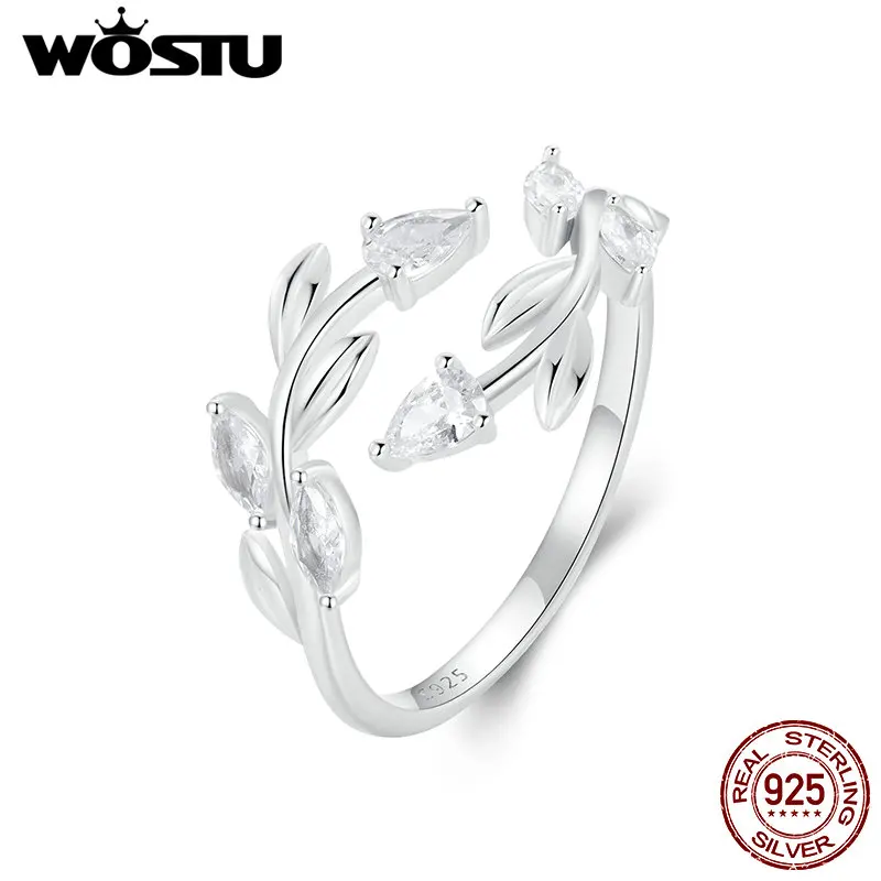 WOSTU 925 Sterling Silver Leaf Shaped Opening Ring For Women Full Shiny Zircon Leaves Stackable Party Girls Rings Korean Jewelry