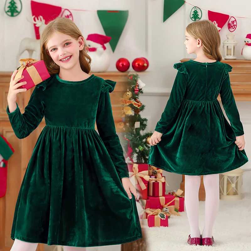 Girls' Velvet Dress Ruffled Long Sleeve Casual Dress Christmas Party Little Girl Evening Party Dress
