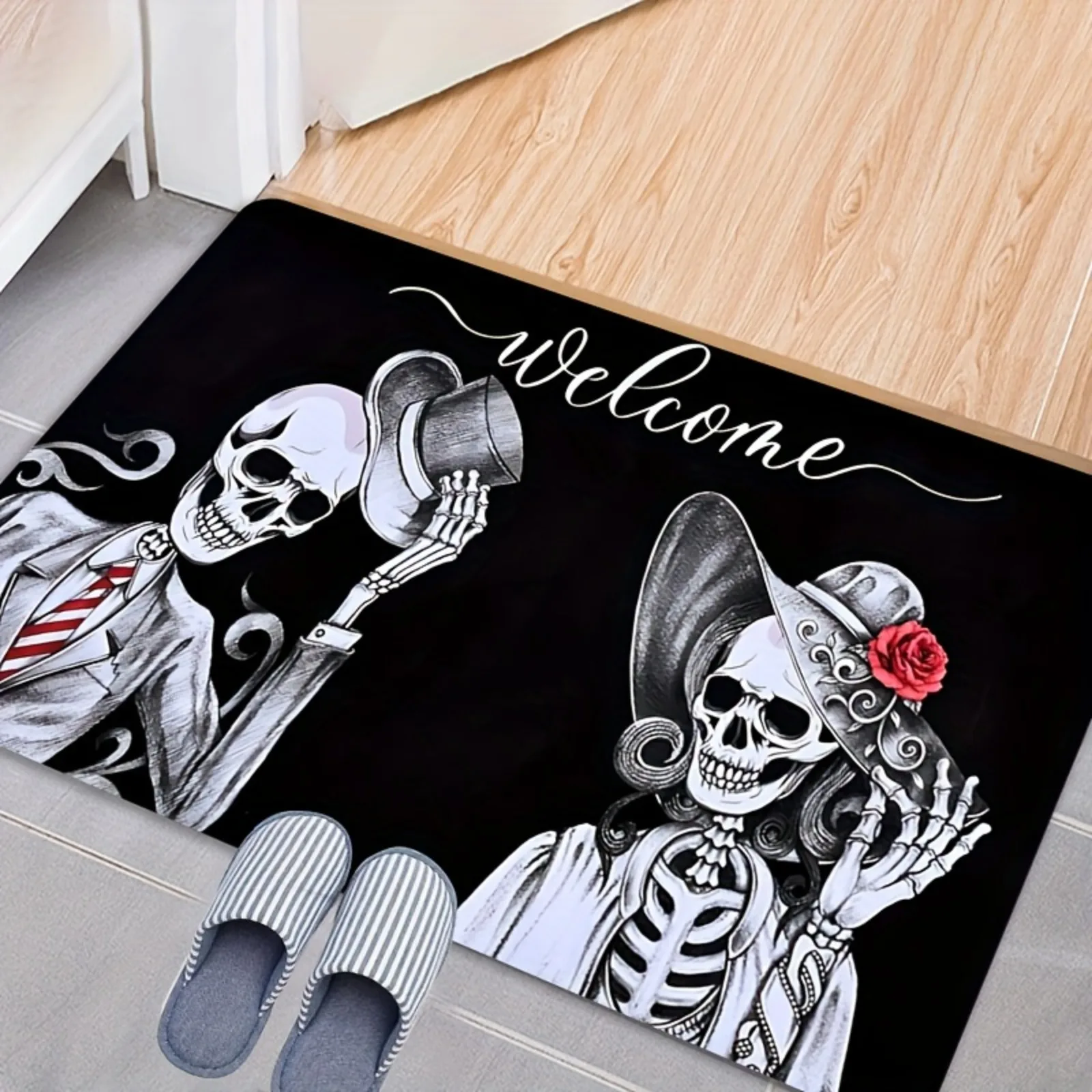 Premium Flannel + 0.43inch Thick Non-Slip Backing Halloween Doormat - Skull Couple Welcome Mat, Fun Outdoor/Indoor Rubber Door Mat for Front Entryway, Indoor Outdoor Mat, Machine Washable, Seasonal Decor, Home Decor Lovers, Festive Homeowners