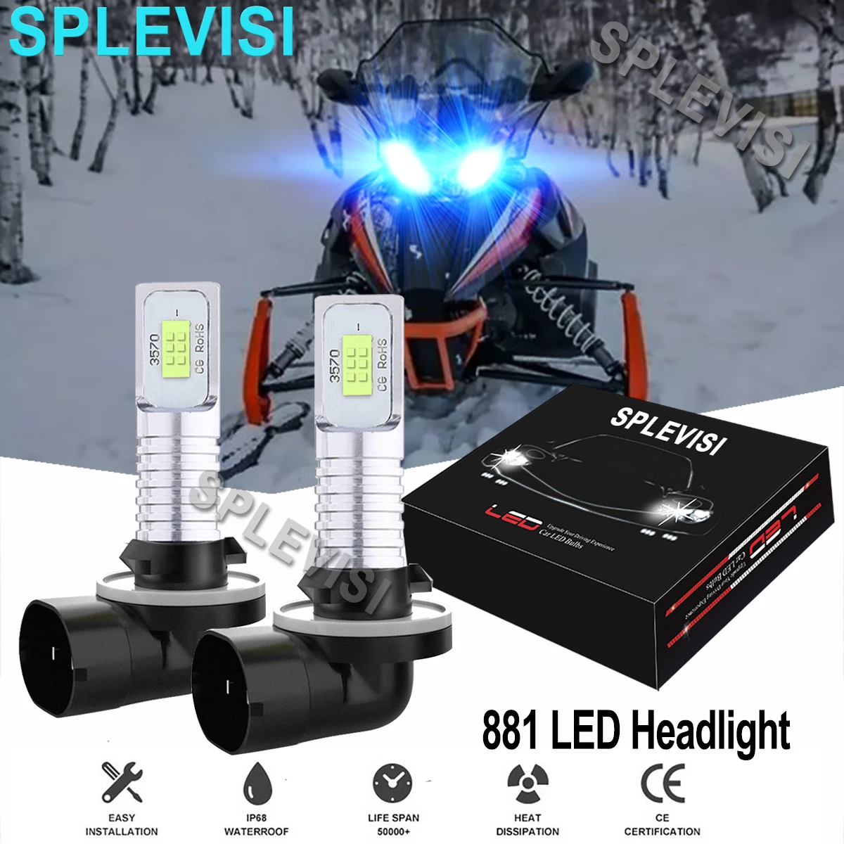 

2x 70W 8000K Ice Blue LED Headlights Bulbs Kit For Arctic Cat Snowmobiles Crossfire 500 600 700 800