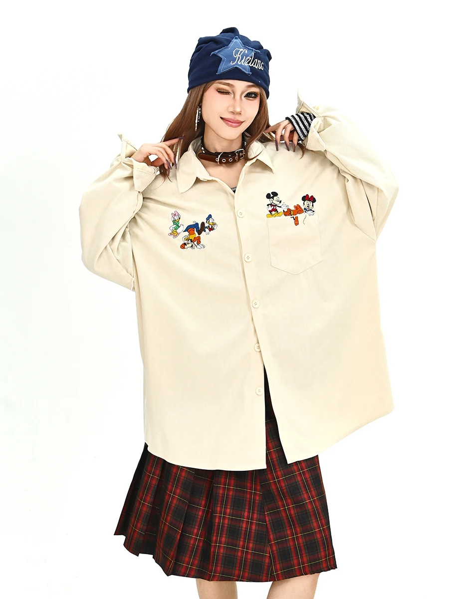 

Весна 2026: Женская свободная вельветовая рубашка с вышивкой и длинным рукавом в японском студенческом стиле, модный топ, не кардиган