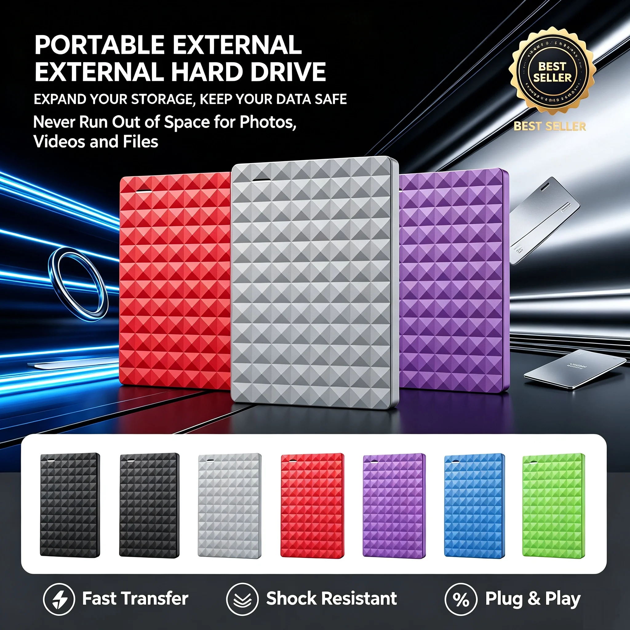 2.5-Inch USB3.0 External Storage HDD, Portable Large Capacity Hard Drive for Office, Laptop, Data Recovery, 500GB, 1TB, 2TB, 4TB