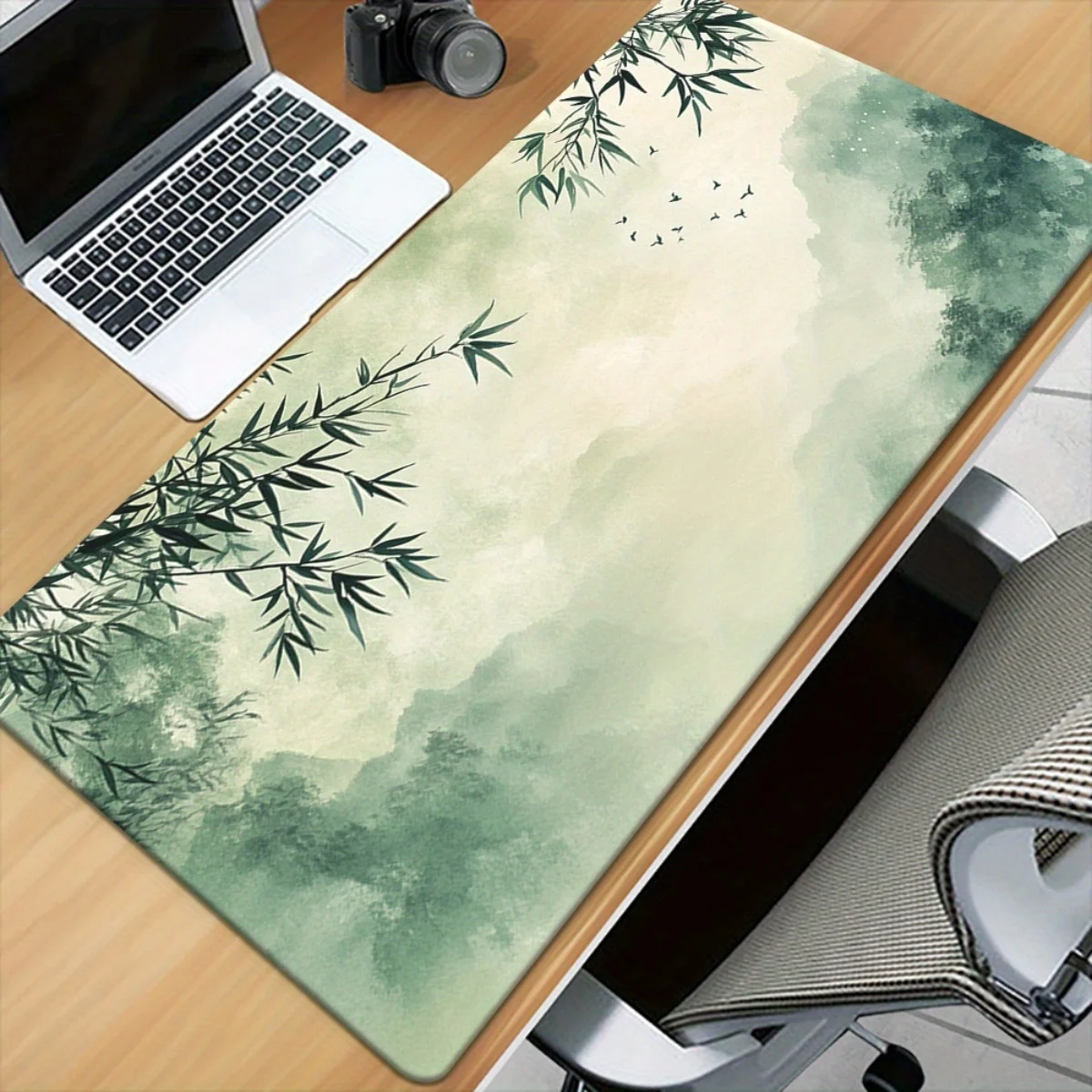 Green Bamboo Landscape Gaming Mouse Pad, Large Non-Slip Desk Mat with Chinese Ink Wash Design for Gamers & Home Office