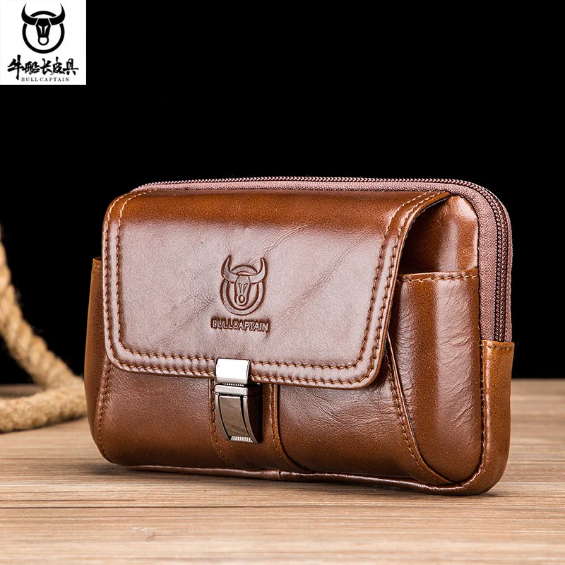 Buckle zipper mobile phone bag men multi-function cowhine horizontal and vertical style wear belt square waist hanging purse