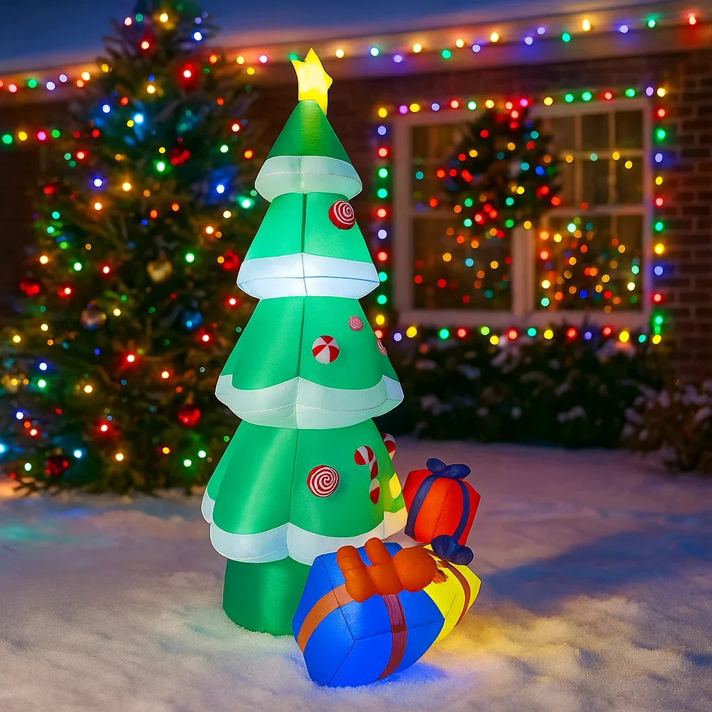 Cajas de regalo inflables para árbol de Navidad, 2,4 M/7,8 pies, luces LED para exteriores, decoraciones para el hogar, juguetes, patio, decoración de iluminación para fiestas navideñas