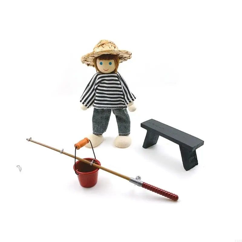 

Genuine Miniature Fishing Rod Bucket Chair Hat for Model Home Enthusiasts Plastic Iron P31B