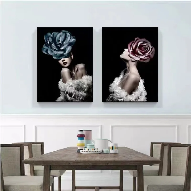 Feather Flower Sexy Woman Decorative Painting Abstract Canvas Painting Wall Art Print Poster Picture Living Room Home Decoration