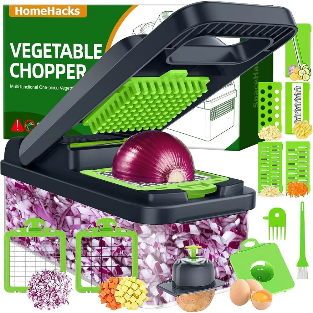 Picador de Verduras Multifuncional 12 en 1, Cortador de Cebolla, Rebanador, Preparador de Ensaladas, Rallador de Queso, Separador de Huevos con Tapa