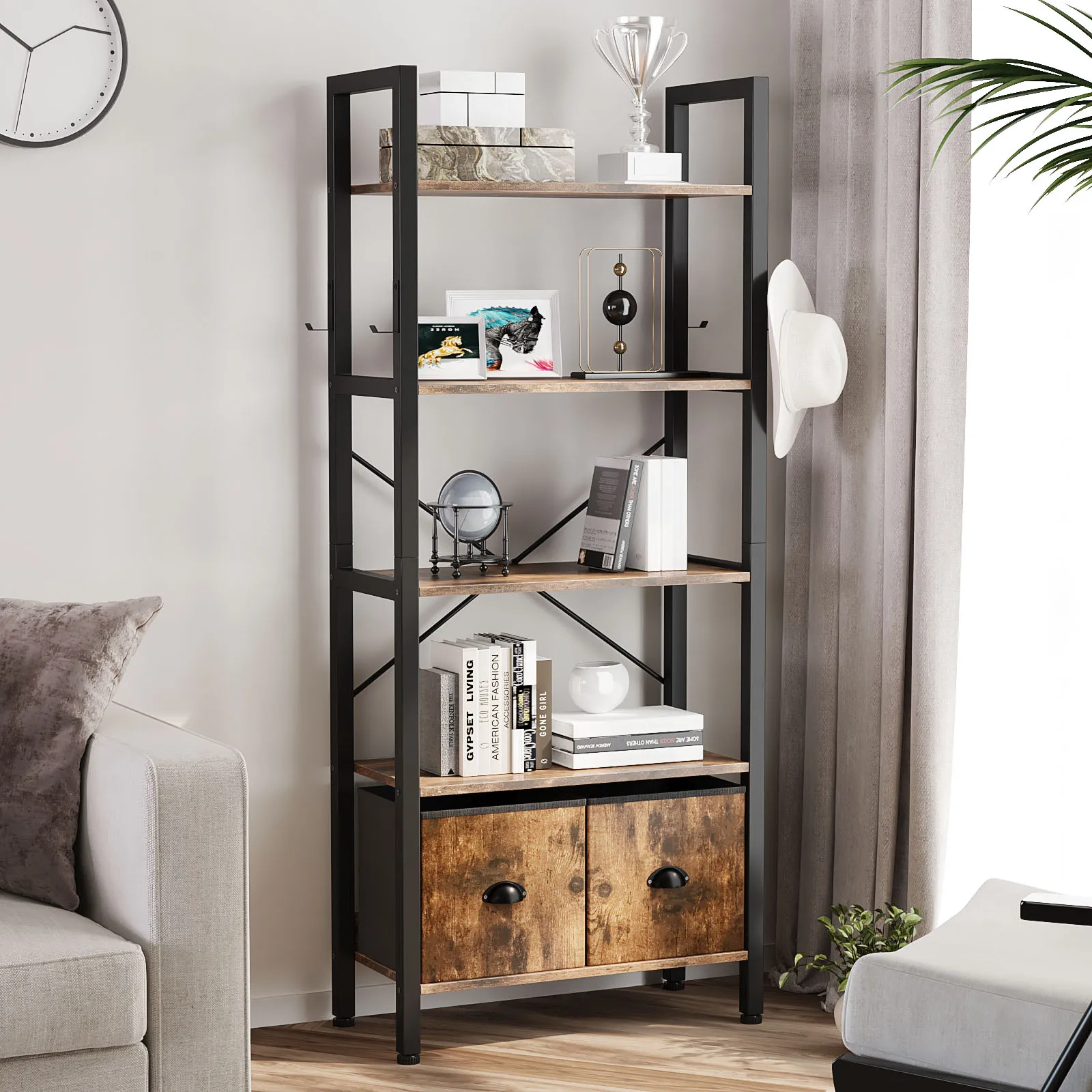 oneinmil 5-Tier Bookshelf with 2 Storage Drawers, Industrial Display Standing Shelf, Rustic Wood Storage Shelf with Metal Frame