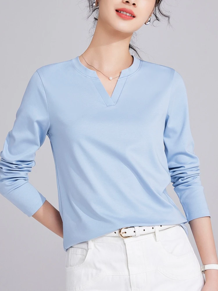 

Pima Mercerized Cotton V-Neck Tee 2025 Liquid Ammonia Essential Layer Long Sleeve Women Fall Spring Blouse T-shirts