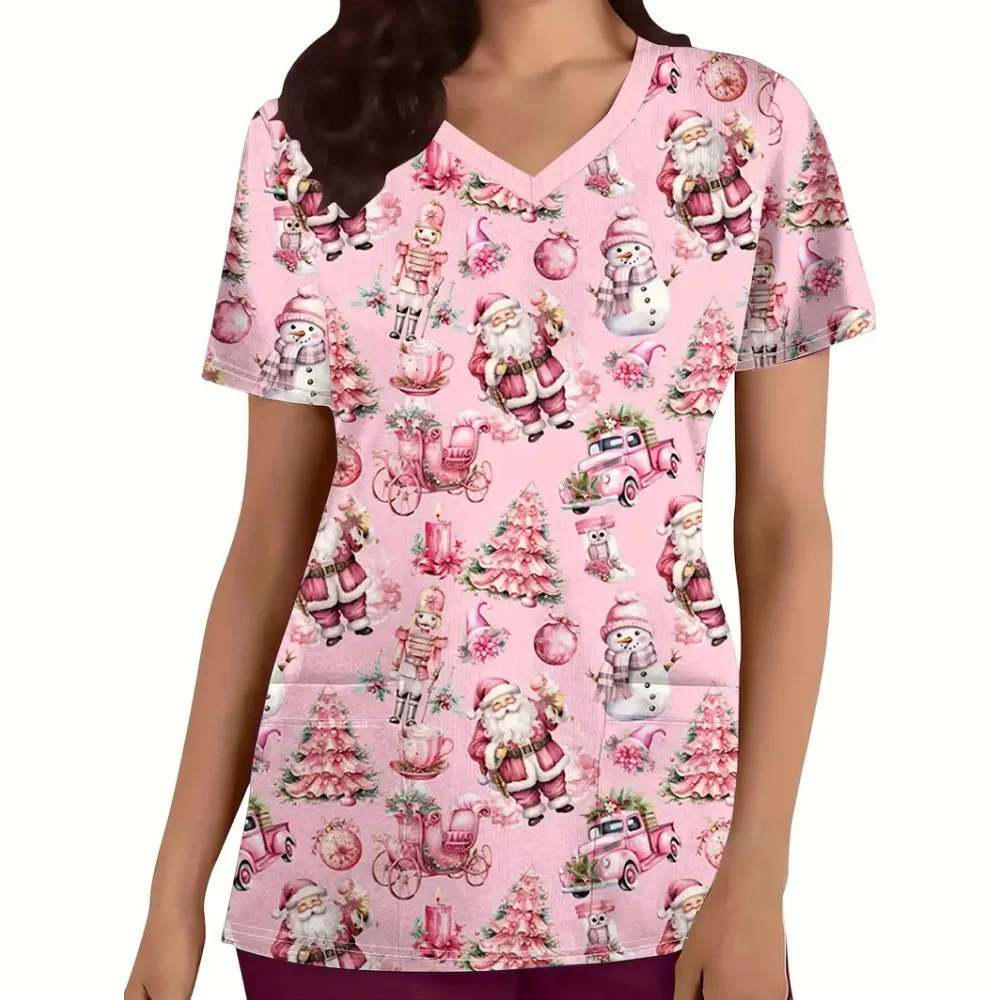 Santa Claus Print Nurse Uniform Woman Summer Vet Medical Clothes V-Neck Medical Uniform for Women Casual Women's Nurse Clothes