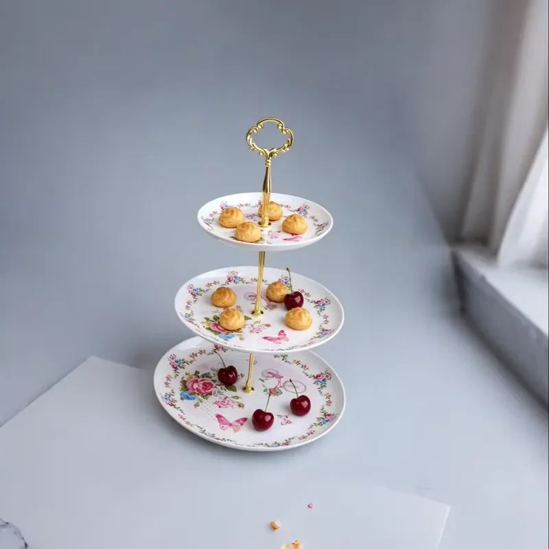 Elegant Three Layer Melamine Fruit Plate with Gold Handle Reusable Serving Tray for Tea Parties Home Kitchen Dessert Snack