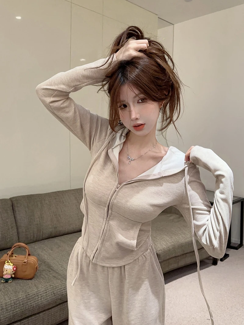 

Women's Fitn Sportswear Set Autumn Winter Faion High-End Feelings Hoodie Jaet with Casual Wide Leg Pants Two Piece Set