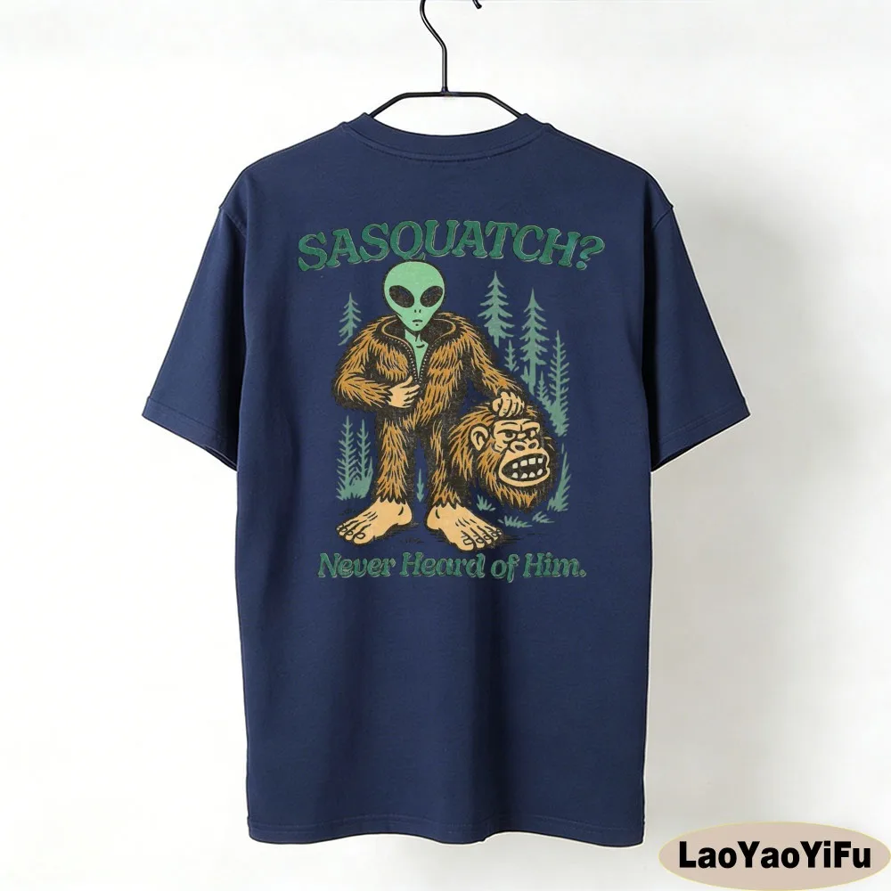 Retro Cryptid T-shirt Funny Sasquatch Tops Never Heard of Him Alien Tee Vintage UFO Clothes Sarcastic Conspiracy Theory Gift