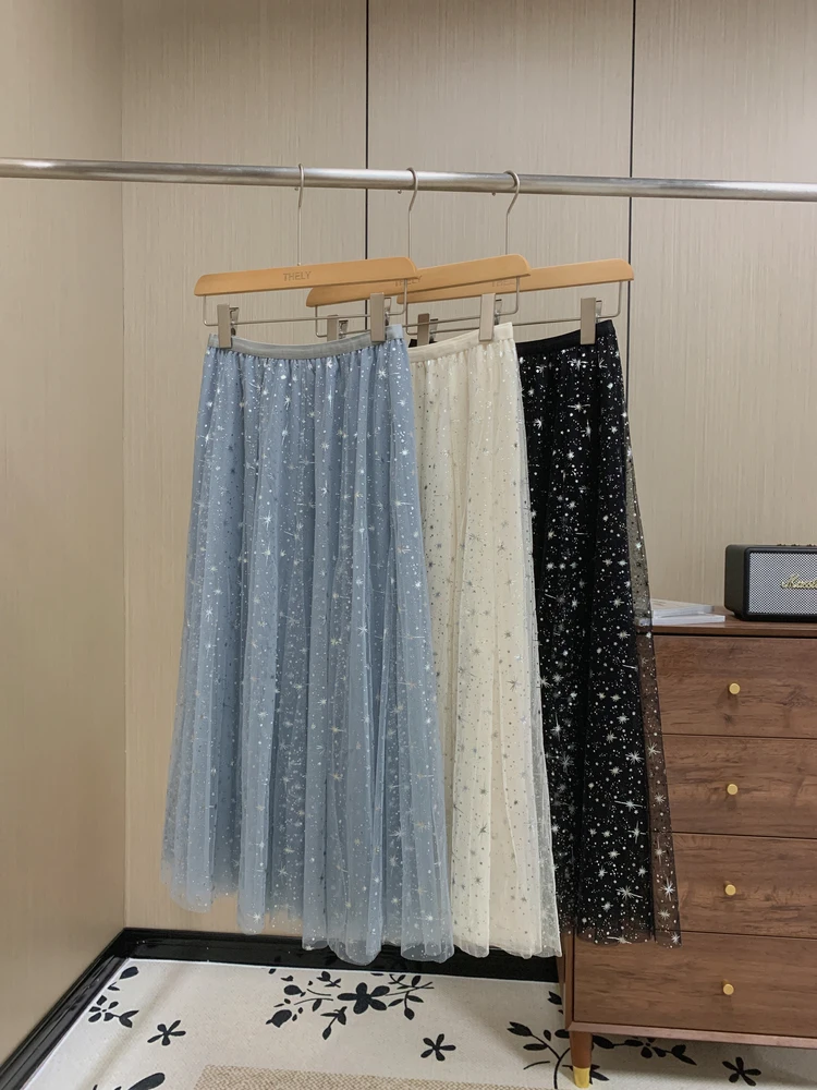 

Gold Emed A-Line Midi Skirt Mid-Leg High Waist Me Fabric Versatile Spring Autumn New Sle Student Ladies Skirts