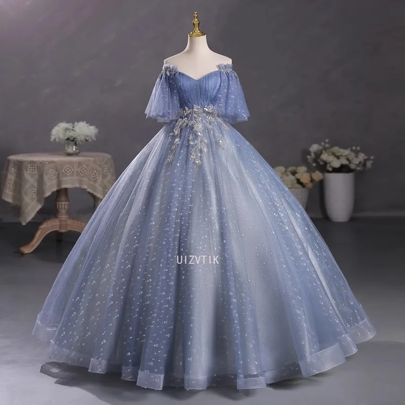 

New Gray Blue Quinceanera Dresses Plus Size Ball Gowns With Sleeves Puffy Dresses for Prom Sweet 16 Dress Vestido De 15anos