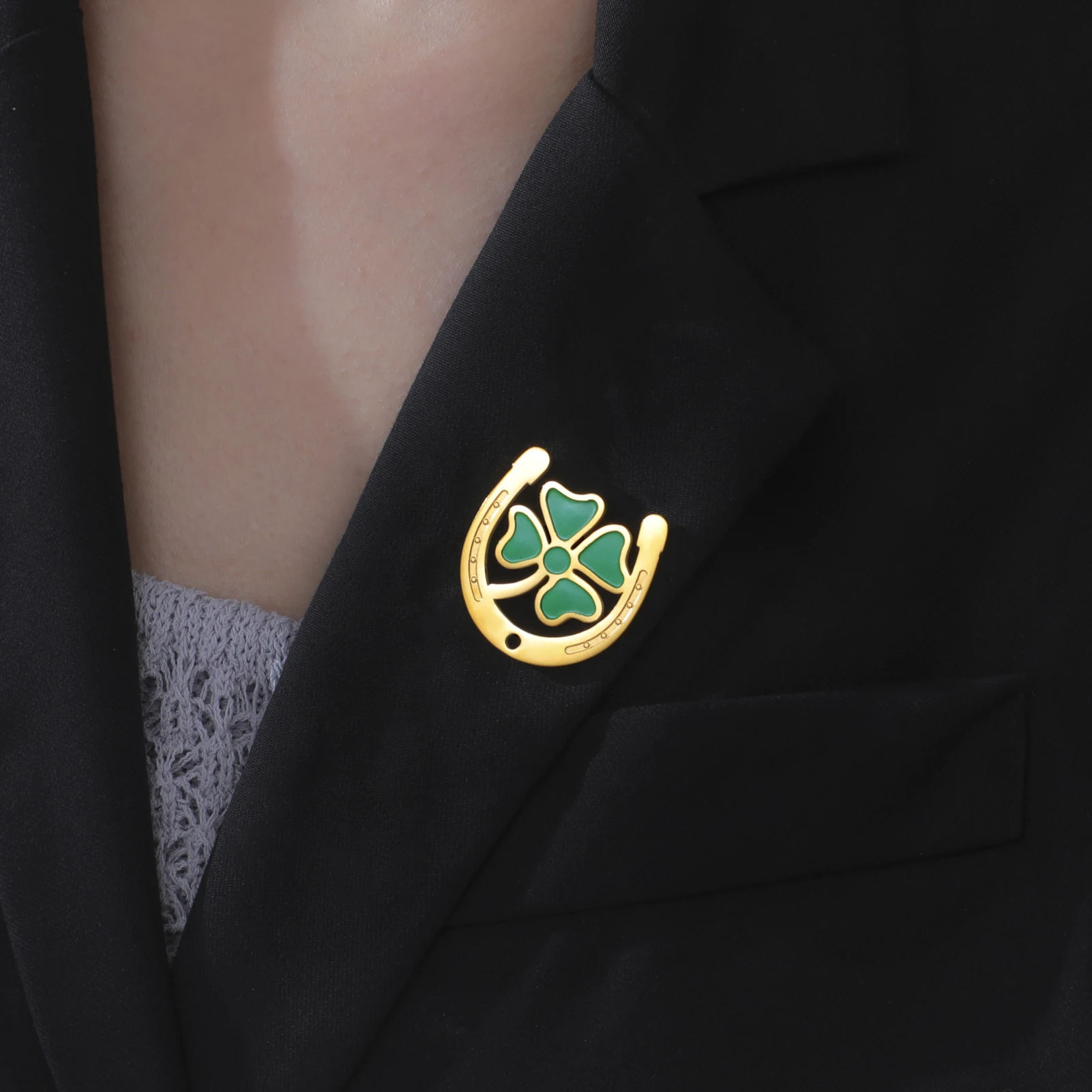 Grüne Emaille Vierblättriges Kleeblatt Hufeisen Brosche Für Frauen Männer Edelstahl Anstecknadel Hemd Anzug Abzeichen Glück Zubehör Geschenk