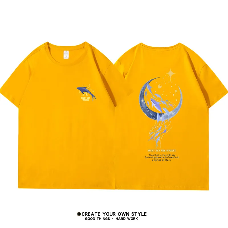 plus Size Women's T-Shirt Cotton Short Sleeve Front And Back Print Whale Cartoon Street Style round Neck Loose Fit White Top