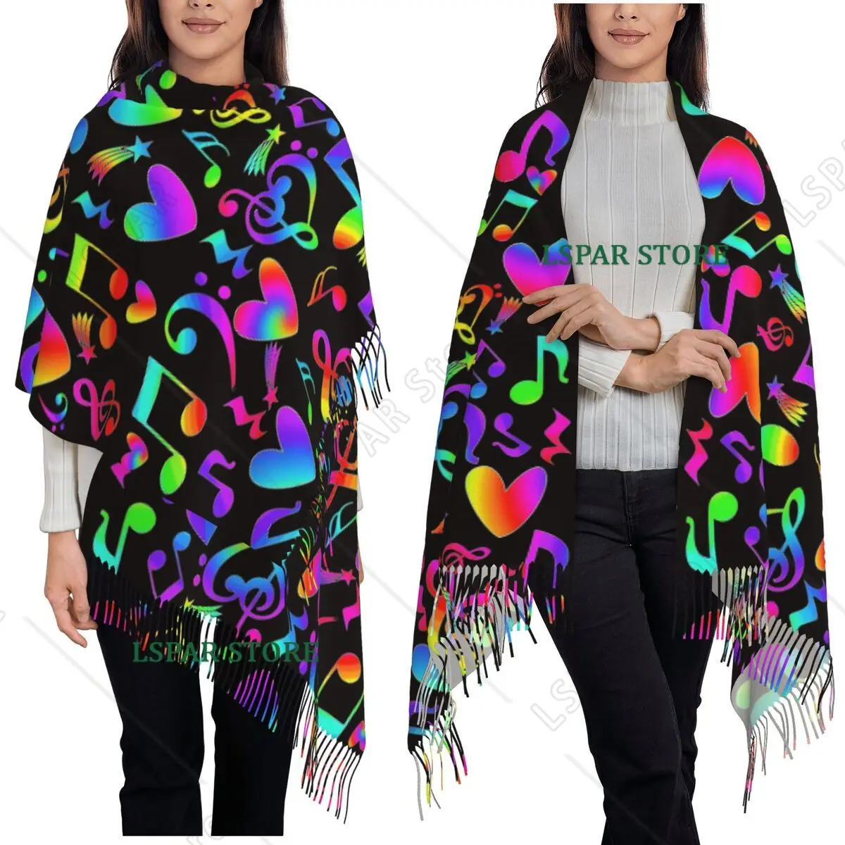 Musical Rainbow Music Notes Hearts Stars On Black Scarf Tassel Scarves Women Warm Shawls and Wraps Large Fall Winter Shawl Wrap