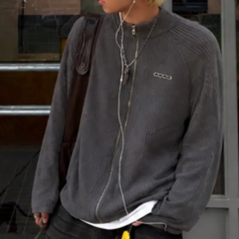 Black Gray Streetwear Men Women Metal Logo Vertical Stripe Pattern GOODBRAND Knitted Zipper Cardigan Patchwork Sleeve Sweater
