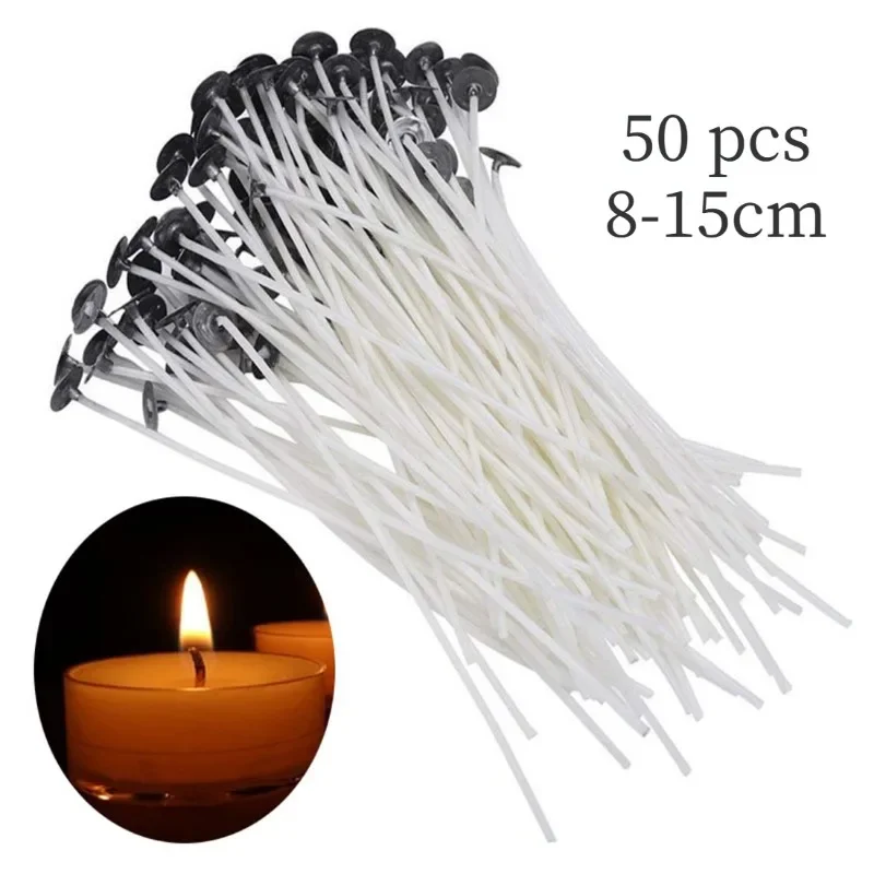 50Pcs Smokeless Candle Wicks 8-20cm Pre-Waxed Cotton Core Wicks With Metal Sustainer Tabs DIY Handmade Candle Making Tools