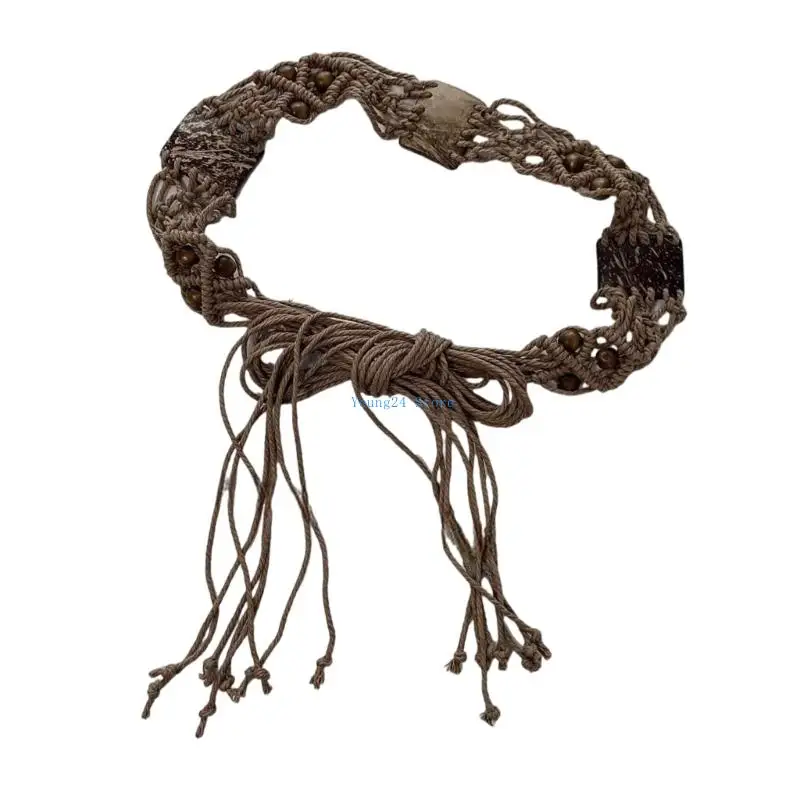 

P8DB Adjustable Cotton Belt With Bohemian Tassels And Wooden Bead Closure