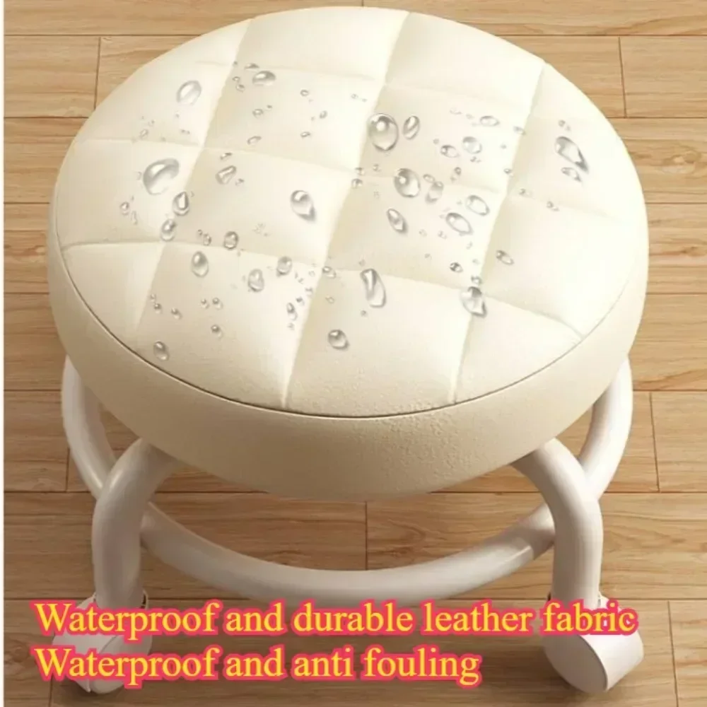 Leather Rolling Stool Portable Round Chair Thick Seat Cushion Low Profile Stool Silent Sliding Wheel Chair with Built-in Wheels
