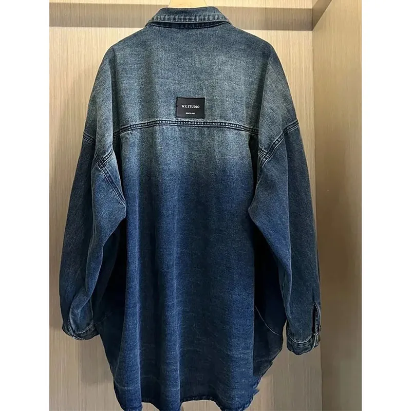 

Женская джинсовая верхняя одежда с градиентом в стиле ретро, женская мода средней длины, ковбойское пальто, весенне-осенняя женская джинсовая куртка с длинными рукавами