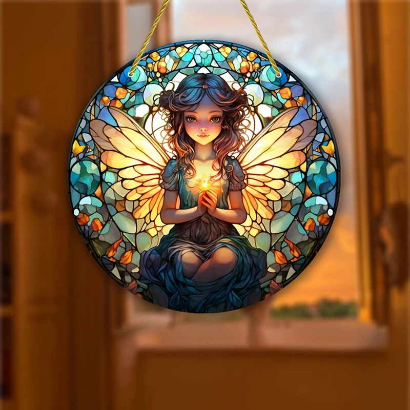 Stunning Angel Suncatchers Stained Window Hanging Round Acrylic Pendant for Home Garden Yard Wall Art Decoration Gifts Ornament