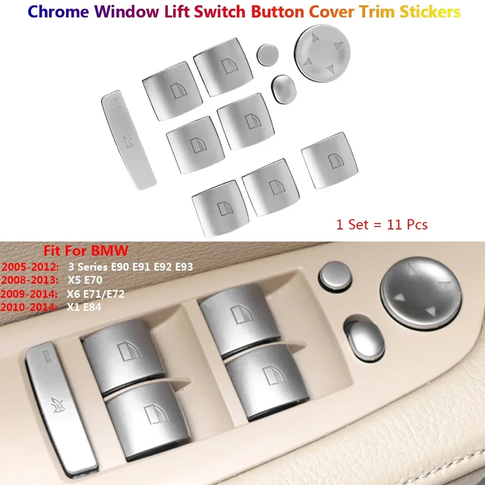 11Pcs Chrome Silver Interior Car Window Lifter Switch Button Cover Trim Stickers For BMW 3 X5 X6 E70 E71 E72 X1 E84 E90 Voiture