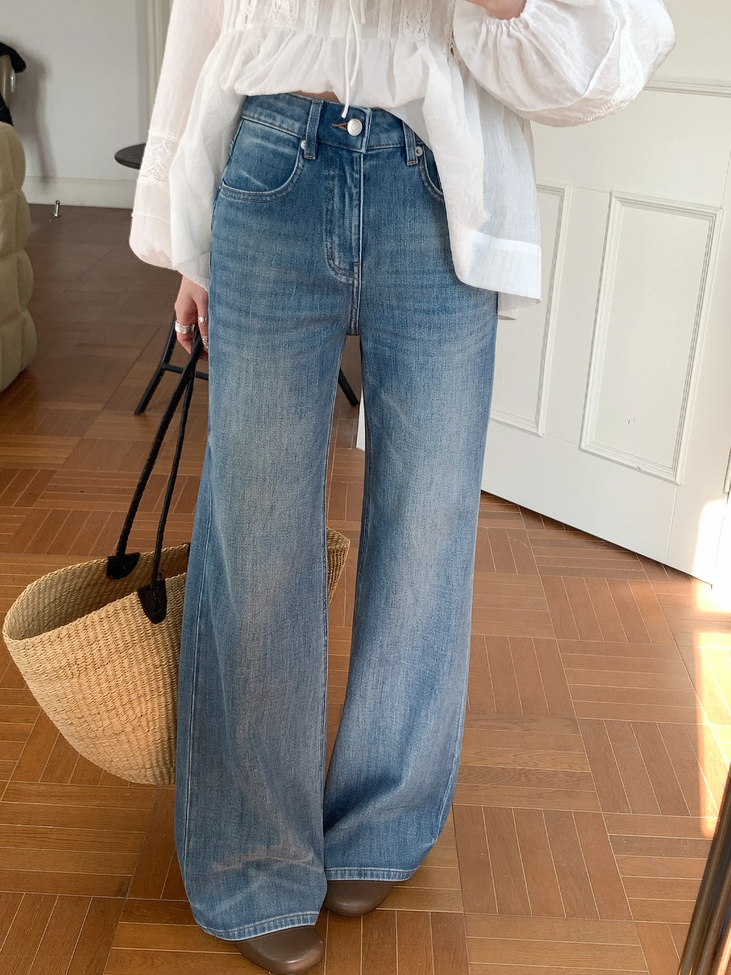 

High Waist Wide Leg Jeans Women's Slim Fit Four Way Stretch Long Pants Fashionable Model Long Legs Cotton Elastic Soft Denim