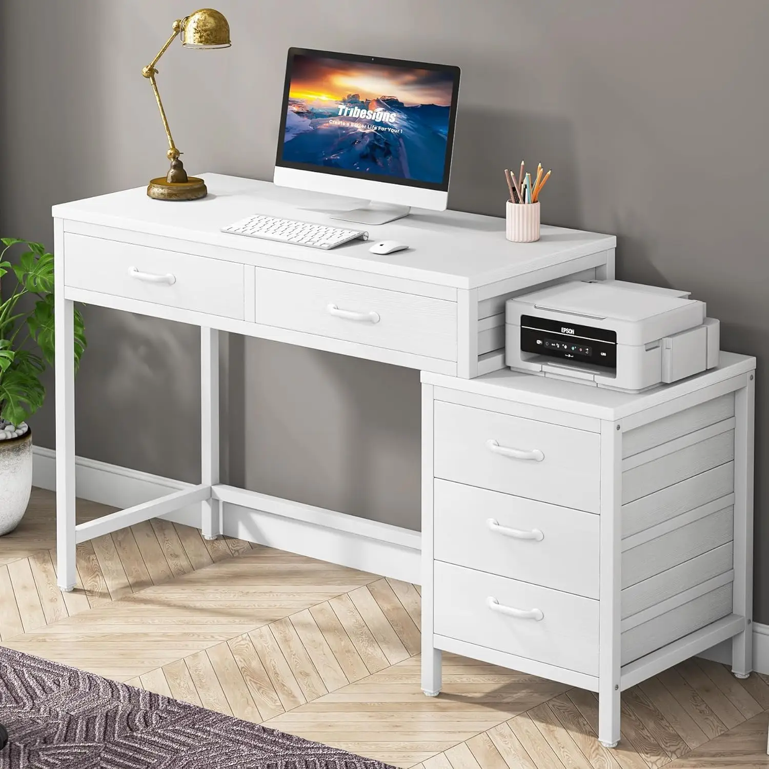 

Computer Desk with 5 Drawers, Home Office Desks with Reversible Drawer Cabinet Printer Stand, Industrial PC Desk with Storage, W