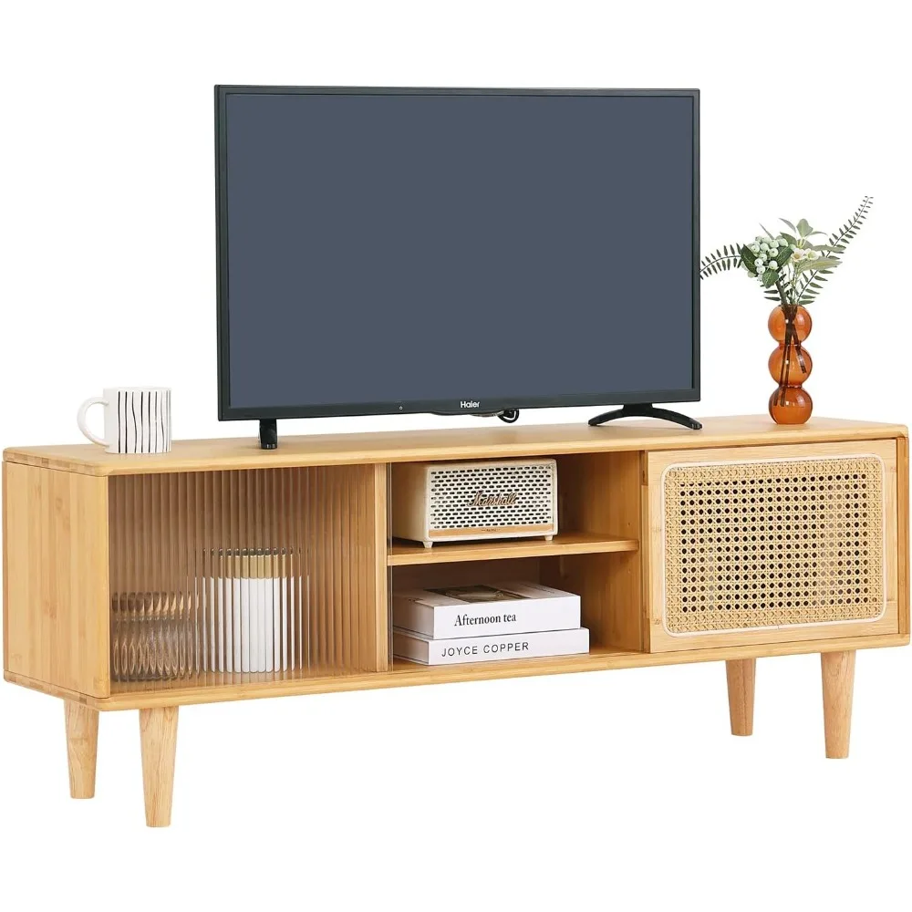 حامل تلفزيون من الروطان لتلفزيون 55 بوصة، وخزانة تلفزيون من الخيزران مع رف وتخزين قابل للتعديل، ومركز ترفيه بوهو، ووحدة منتصف القرن #3