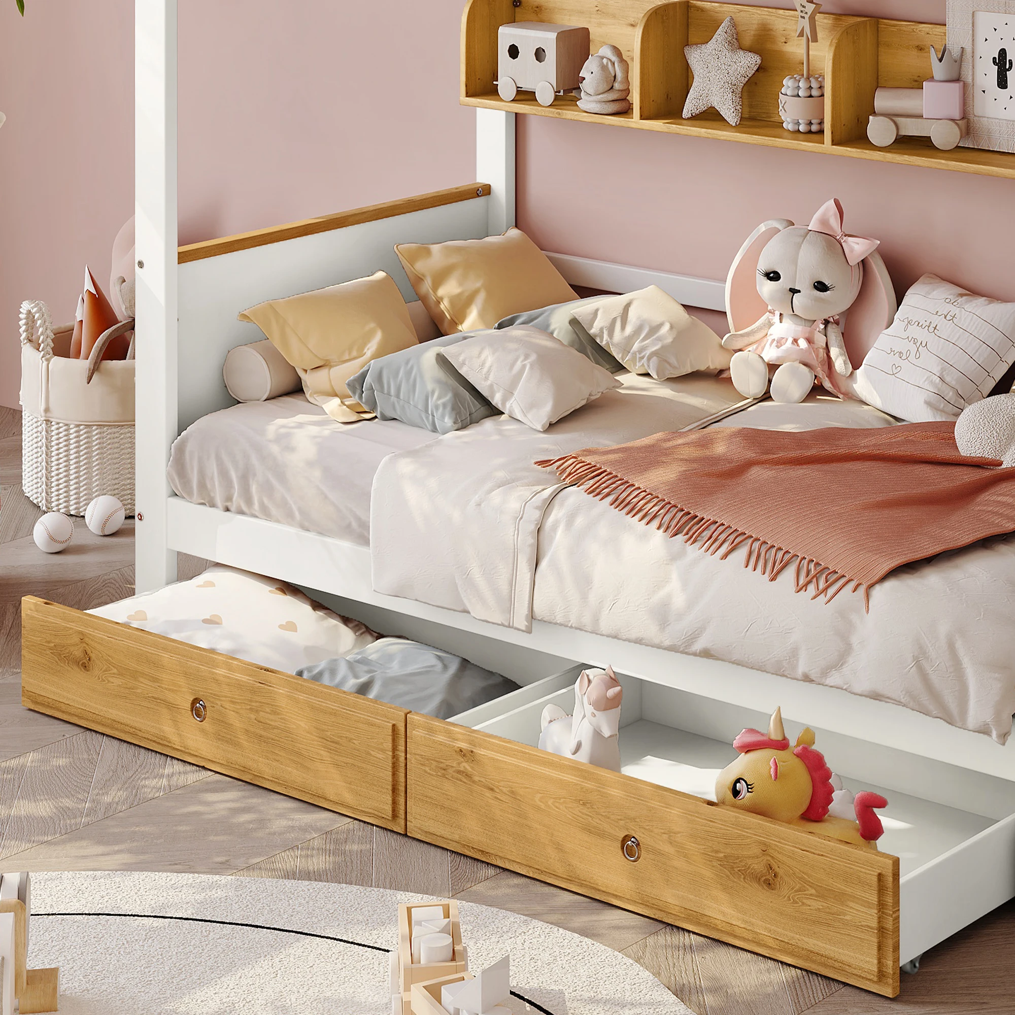 PINGGO Weißes Naturholz-Etagenbett 90x200cm mit Stauraum-Treppe, 4 Schränken, 2 Schubladen, offenem Regal, Fallschirmgitter, Kiefer+MDF, ohne Matratze – Detail 2